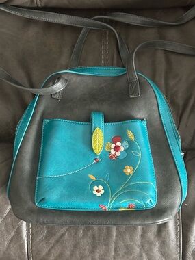 $30 Teal and Gray Floral Accent Crossbody Bag